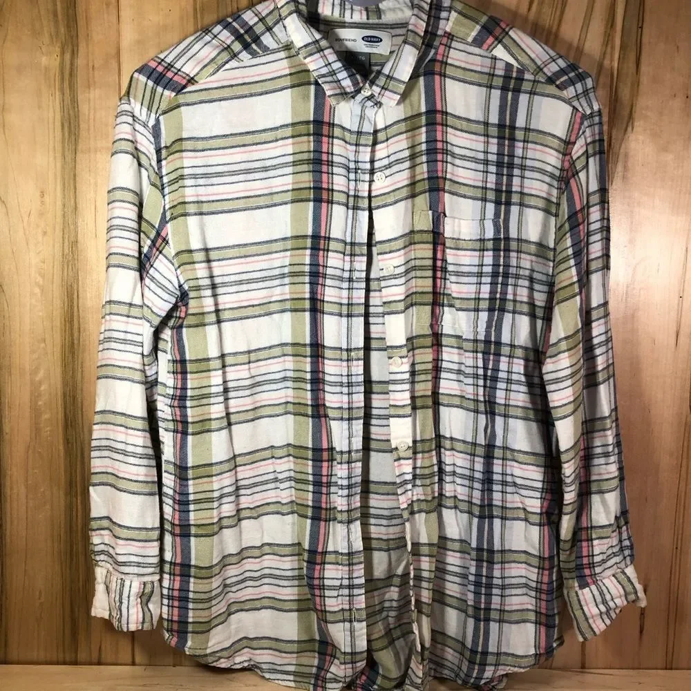 Old Navy Plaid Boyfriend Fit Button-Down Girl's Flannel - Size XL - White/Green